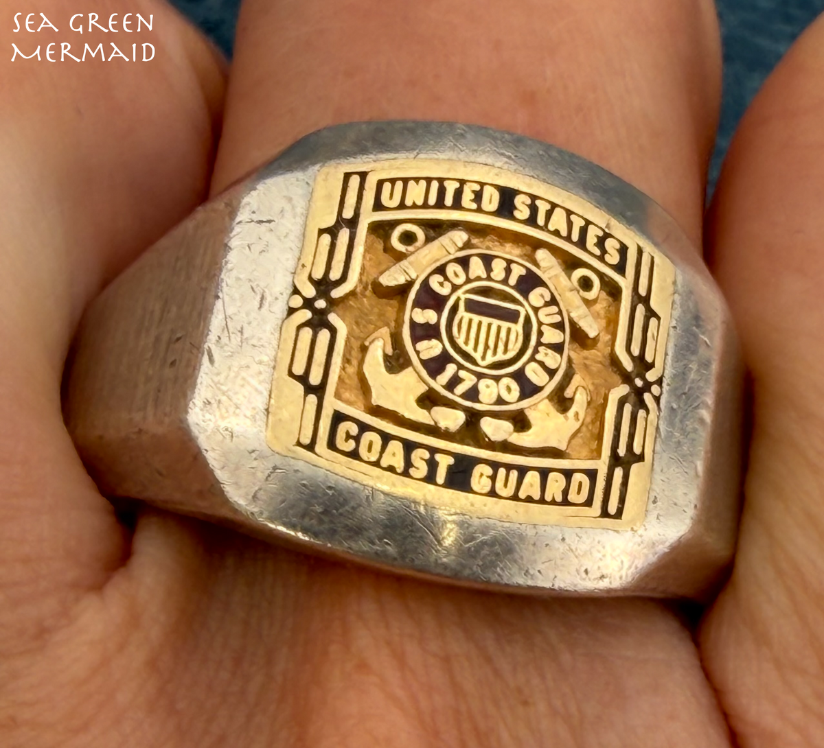 14k Yellow Gold US Coast Guard Insignia in 925 Silver Ring. Size 15. 16mm 14.8g