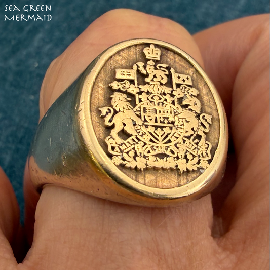 10k Yellow Gold Canadian Royal Coat of Arms in 925 Silver Ring. Antique 13g