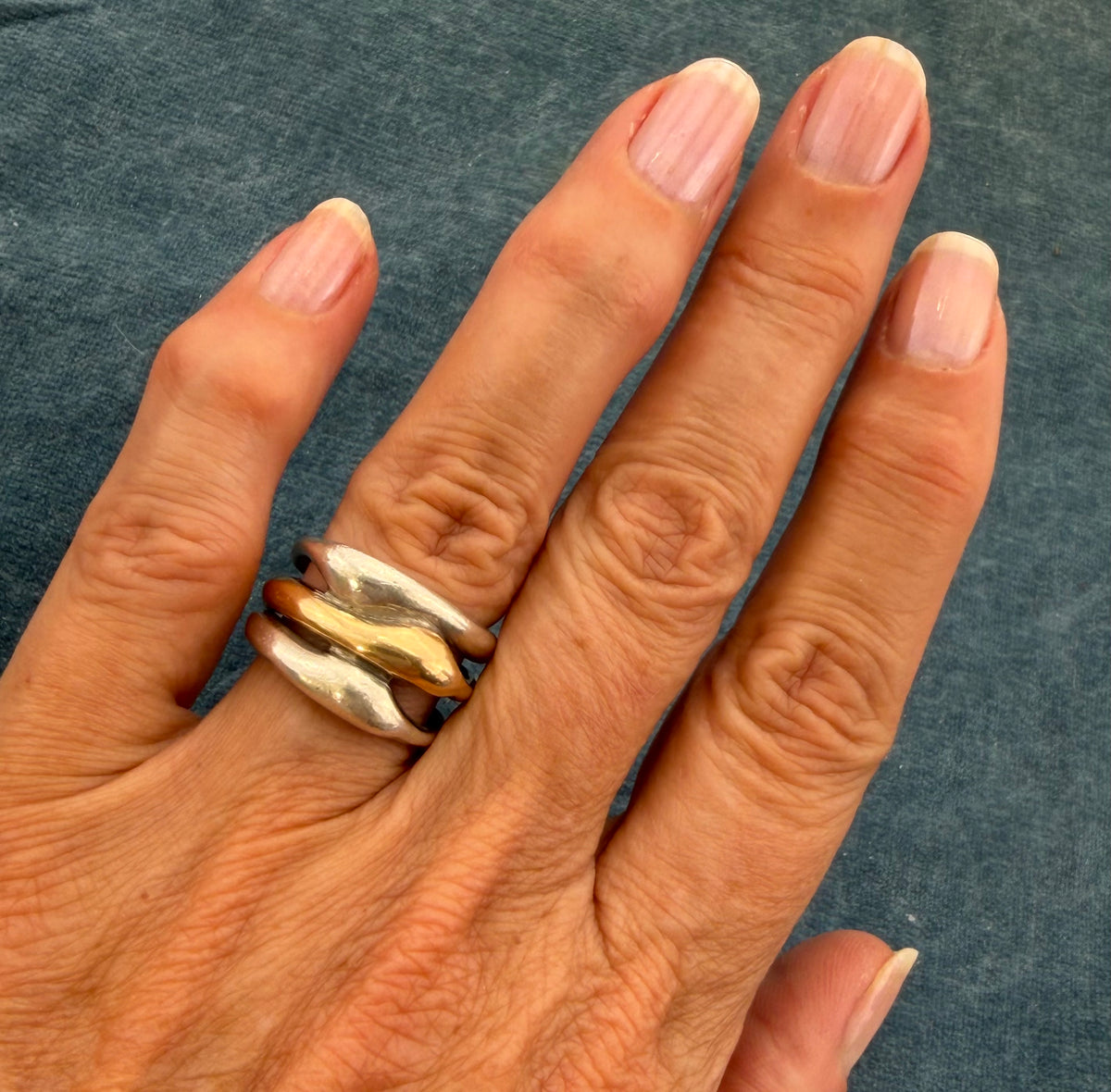 14k Yellow Gold + 925 Silver Wide 3 Band Stacked Ring. 13mm + 14g  *Video*
