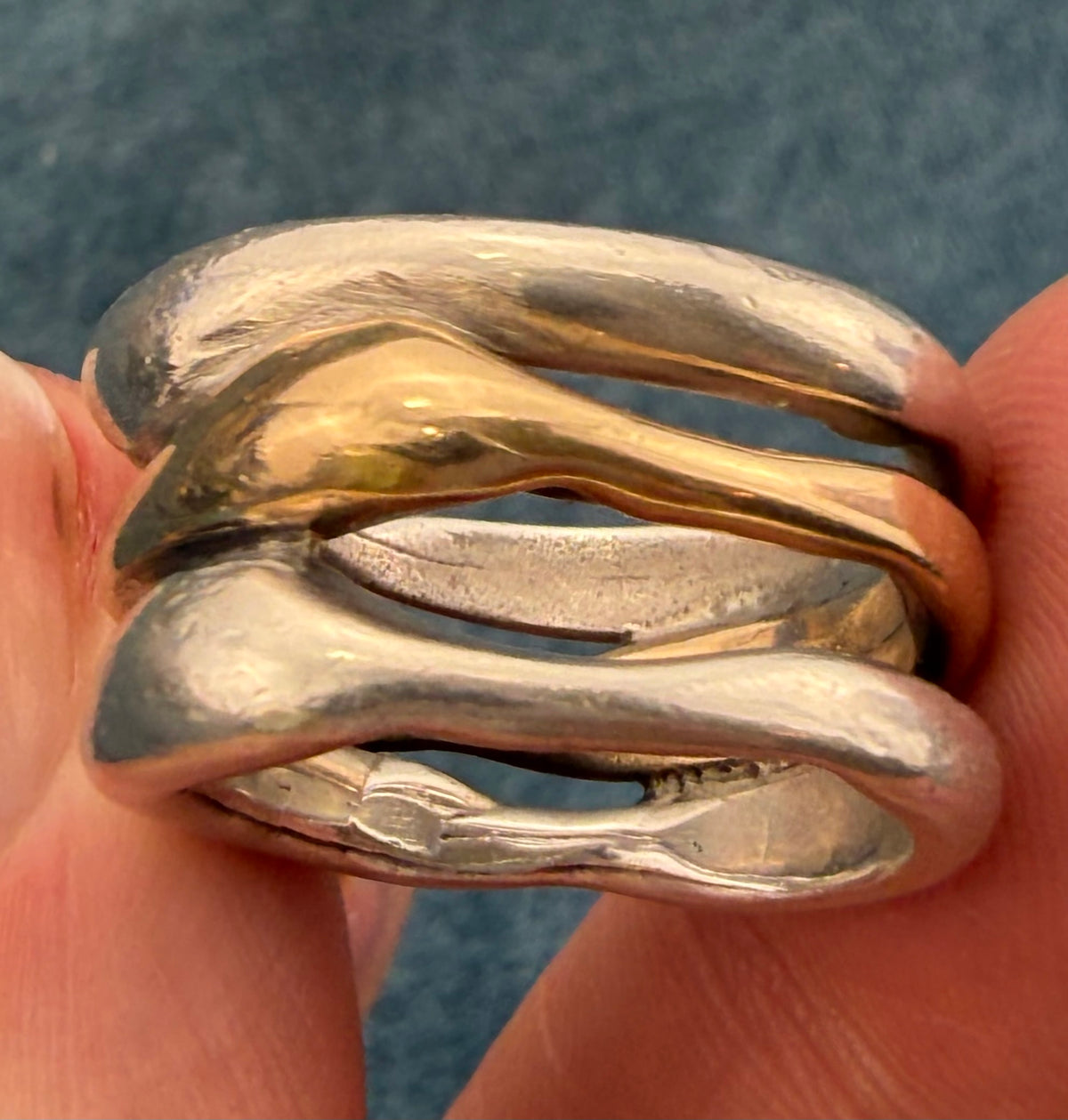 14k Yellow Gold + 925 Silver Wide 3 Band Stacked Ring. 13mm + 14g  *Video*