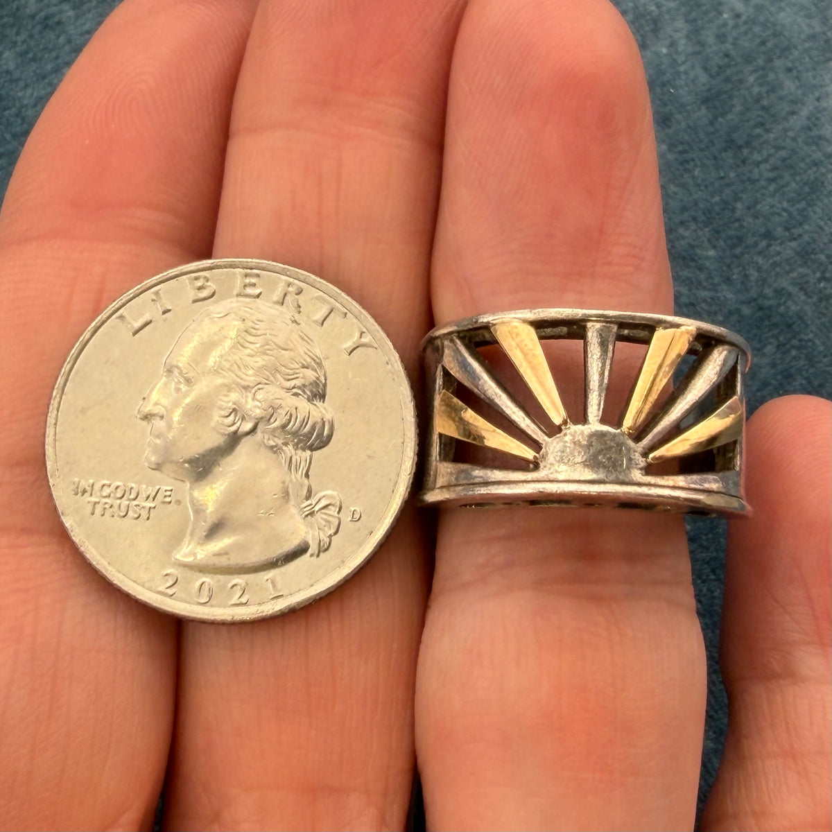 14k Yellow Gold + Sterling Silver Cut-Out Rising Sun Sunburst Ring