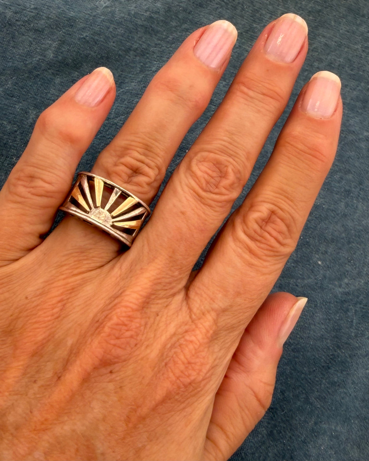 14k Yellow Gold + Sterling Silver Cut-Out Rising Sun Sunburst Ring