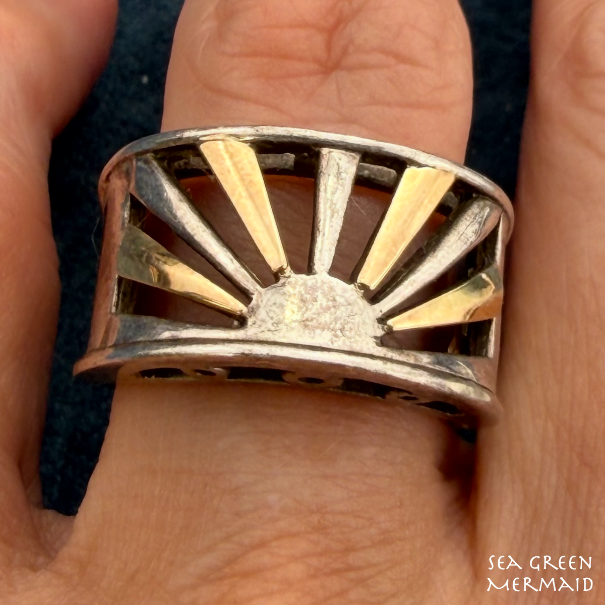 14k Yellow Gold + Sterling Silver Cut-Out Rising Sun Sunburst Ring