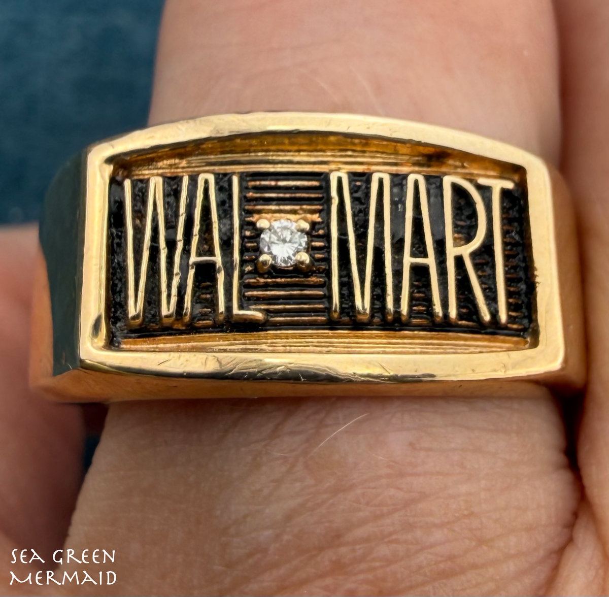 10k Yellow Gold Diamond WALMART Signet Ring. 10mm Wide + 7g