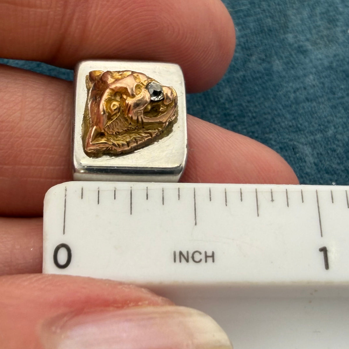 10k Yellow Gold Antique TIGER Head w Rose-Cut Diamond in SS Signet Ring. 8g