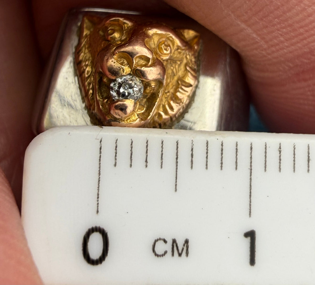 10k Yellow Gold Antique TIGER Head w Rose-Cut Diamond in SS Signet Ring. 8g