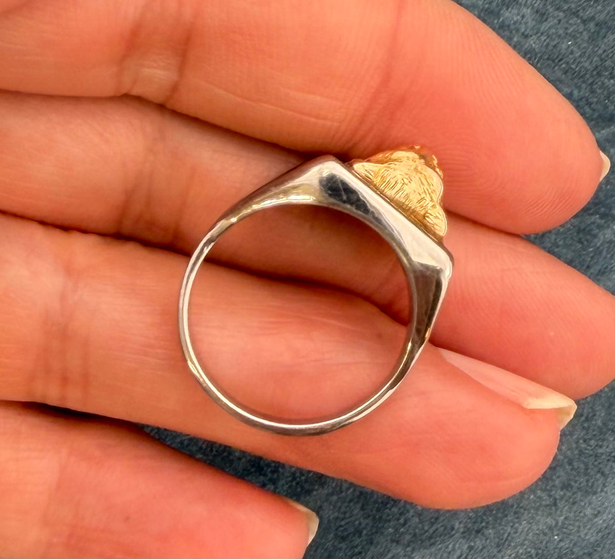 10k Yellow Gold Antique TIGER Head w Rose-Cut Diamond in SS Signet Ring. 8g