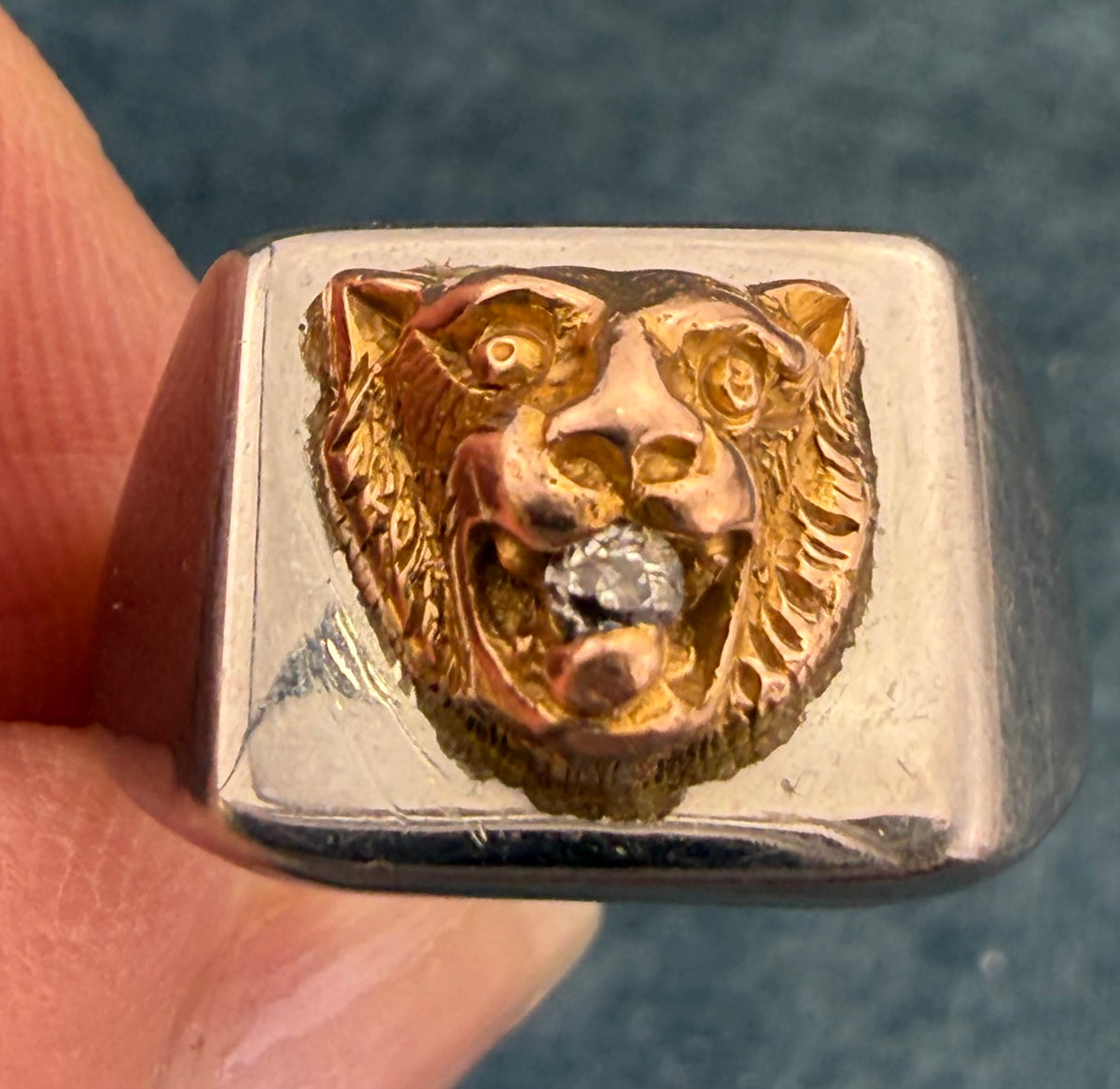 10k Yellow Gold Antique TIGER Head w Rose-Cut Diamond in SS Signet Ring. 8g