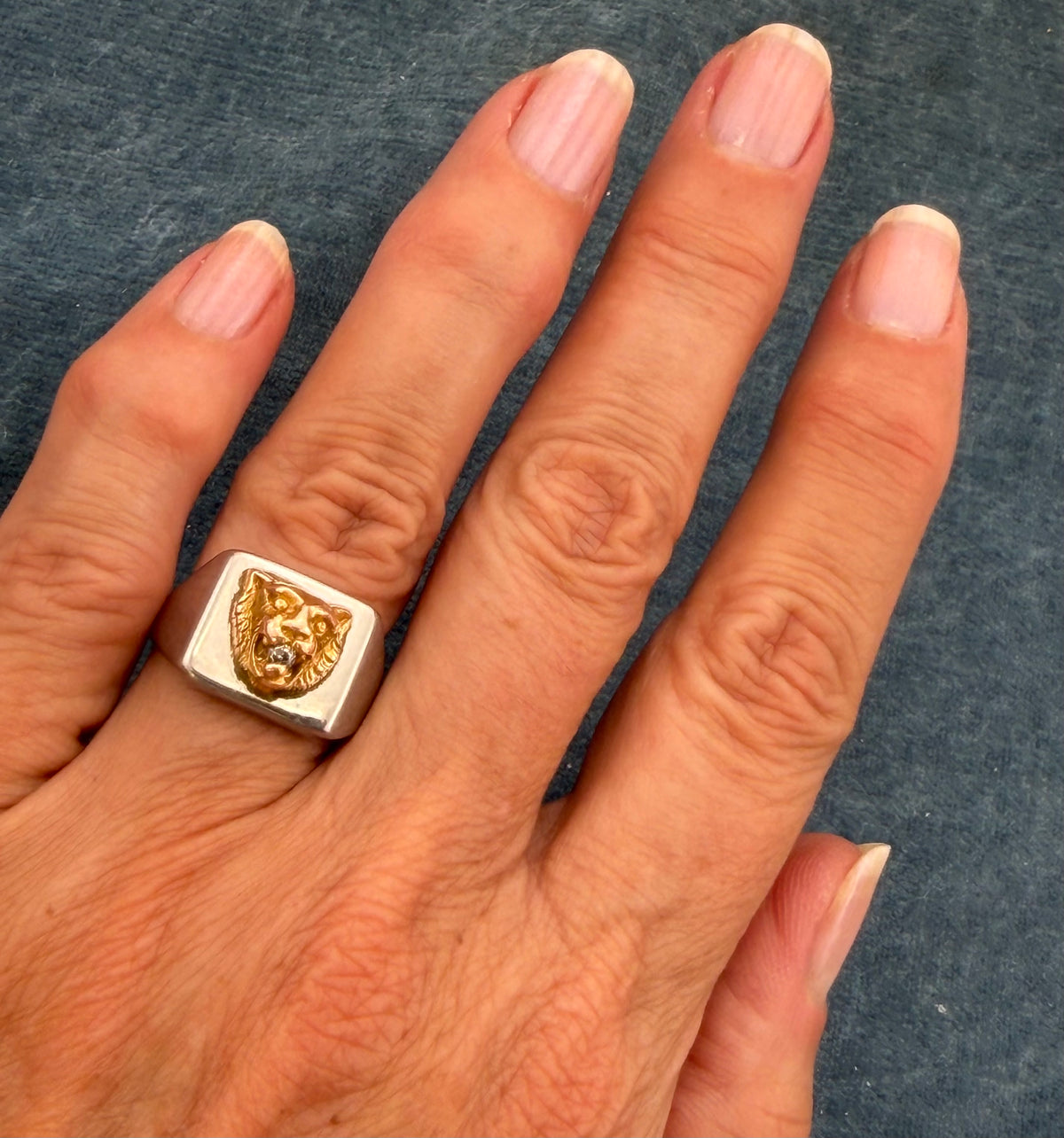 10k Yellow Gold Antique TIGER Head w Rose-Cut Diamond in SS Signet Ring. 8g