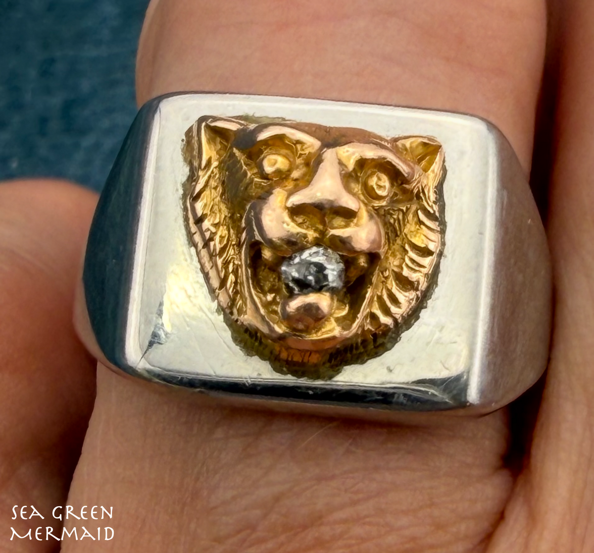10k Yellow Gold Antique TIGER Head w Rose-Cut Diamond in SS Signet Ring. 8g