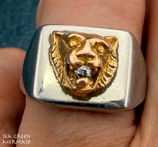 10k Yellow Gold Antique TIGER Head w Rose-Cut Diamond in SS Signet Ring. 8g