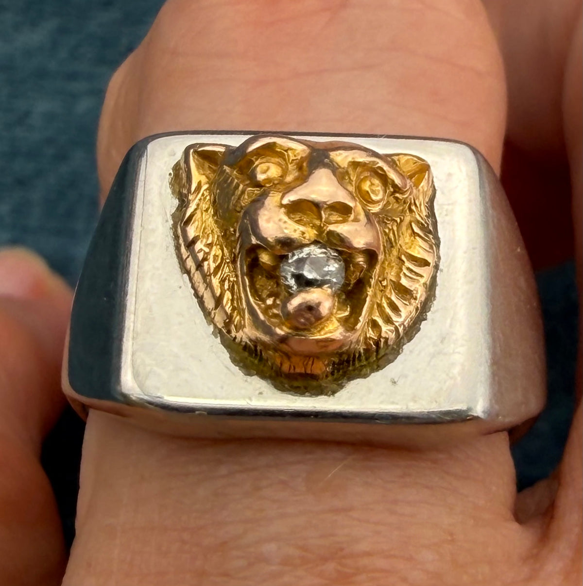 10k Yellow Gold Antique TIGER Head w Rose-Cut Diamond in SS Signet Ring. 8g