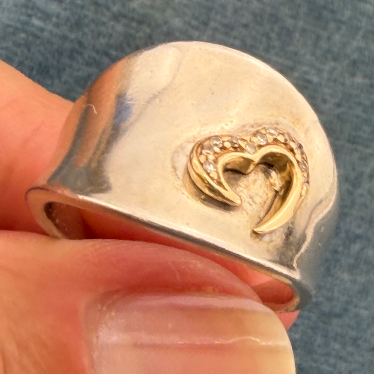 14k Yellow Gold + Diamond Heart on Wide 925 Silver Ring *Video*
