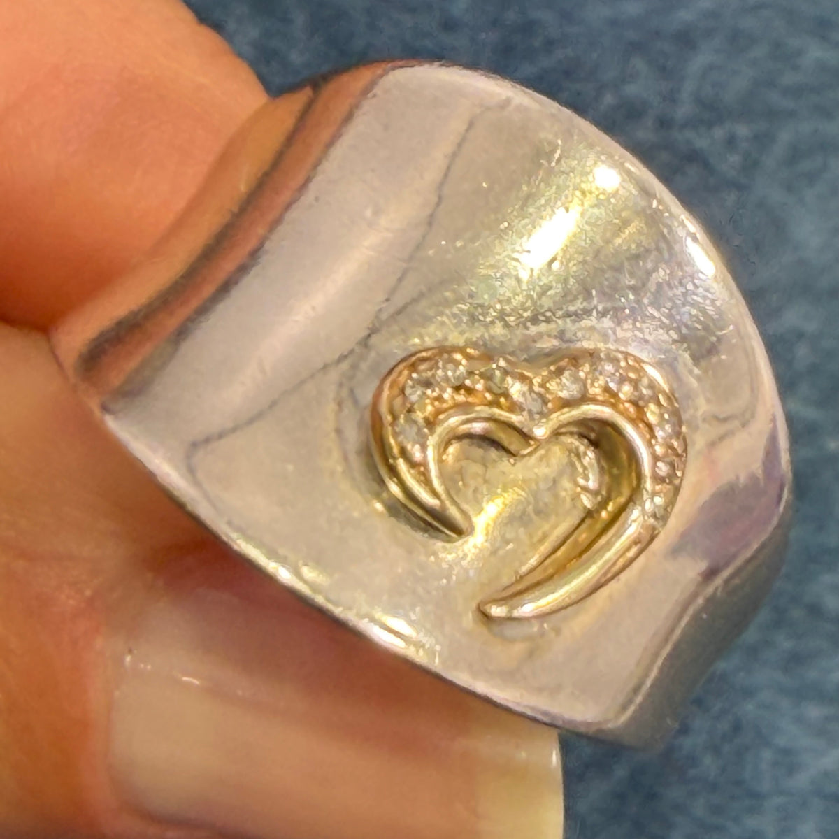 14k Yellow Gold + Diamond Heart on Wide 925 Silver Ring *Video*