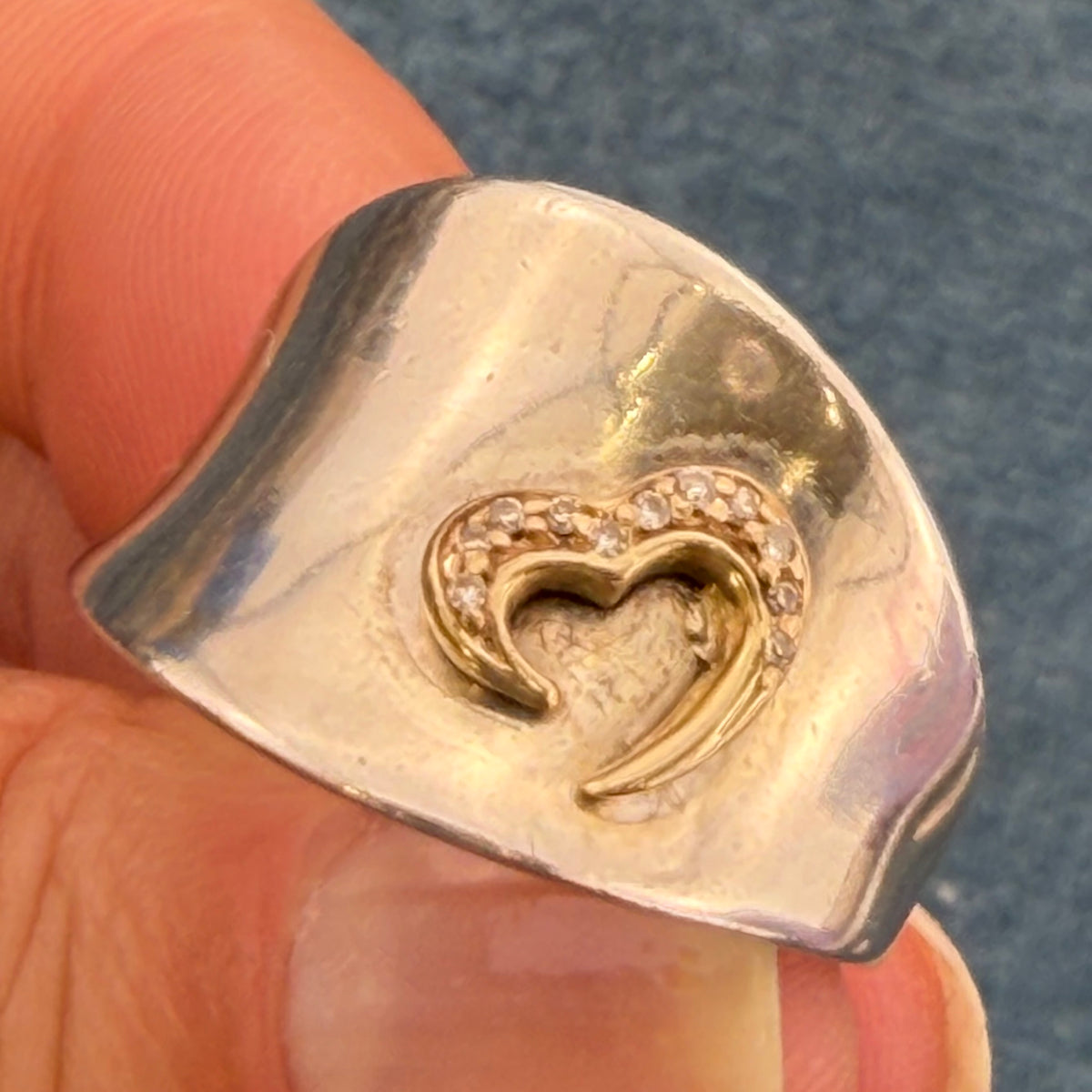 14k Yellow Gold + Diamond Heart on Wide 925 Silver Ring *Video*