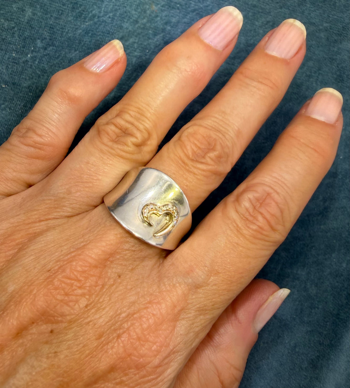 14k Yellow Gold + Diamond Heart on Wide 925 Silver Ring *Video*