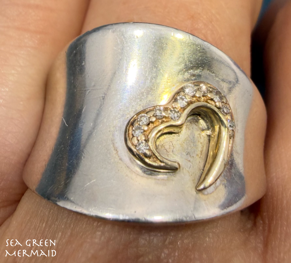 14k Yellow Gold + Diamond Heart on Wide 925 Silver Ring *Video*
