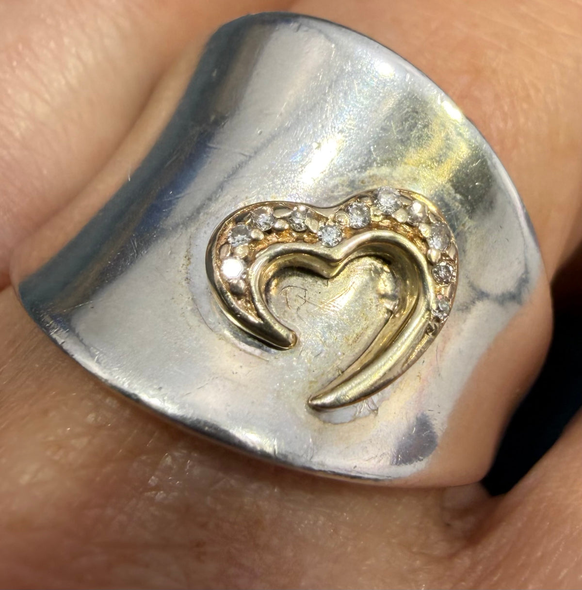 14k Yellow Gold + Diamond Heart on Wide 925 Silver Ring *Video*