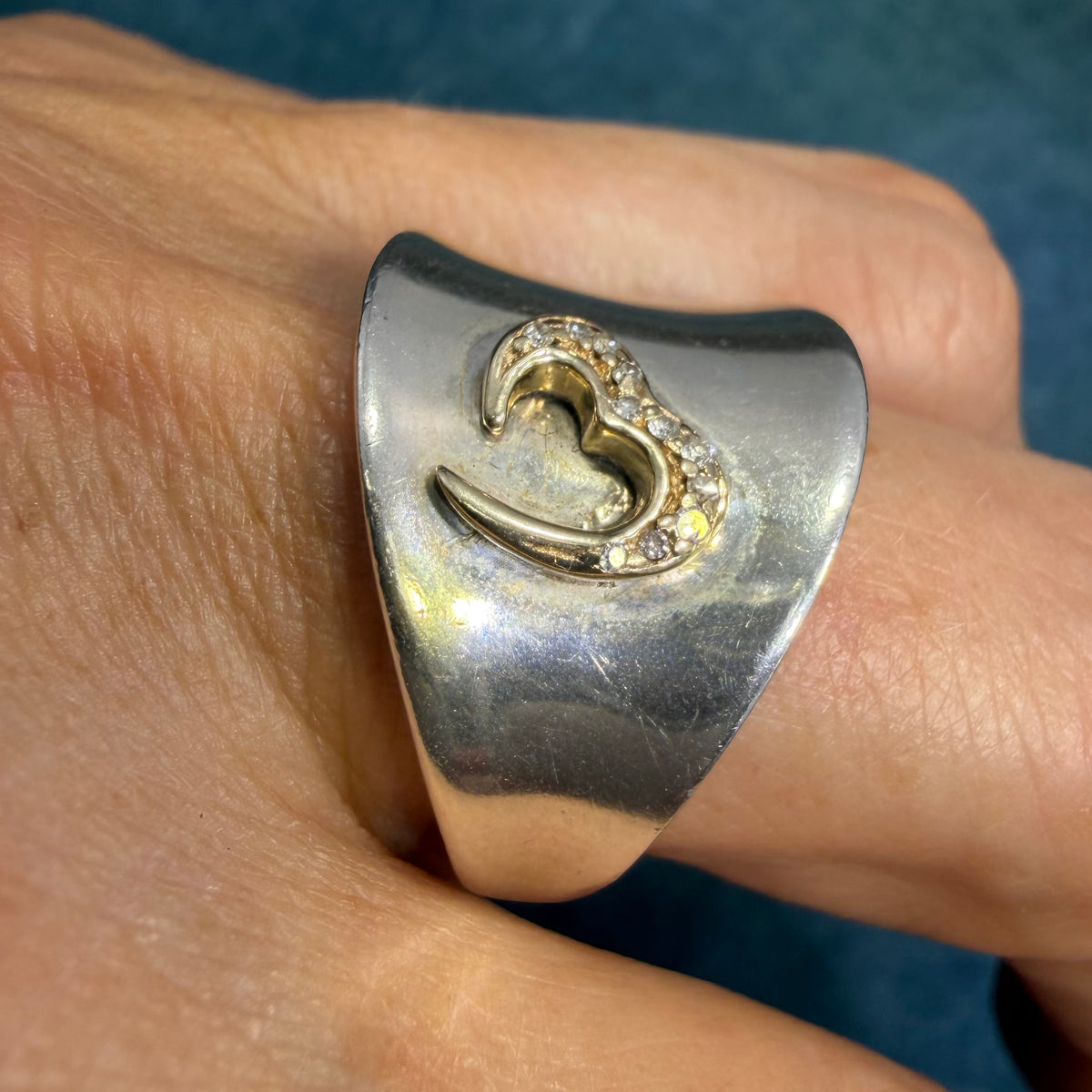 14k Yellow Gold + Diamond Heart on Wide 925 Silver Ring *Video*