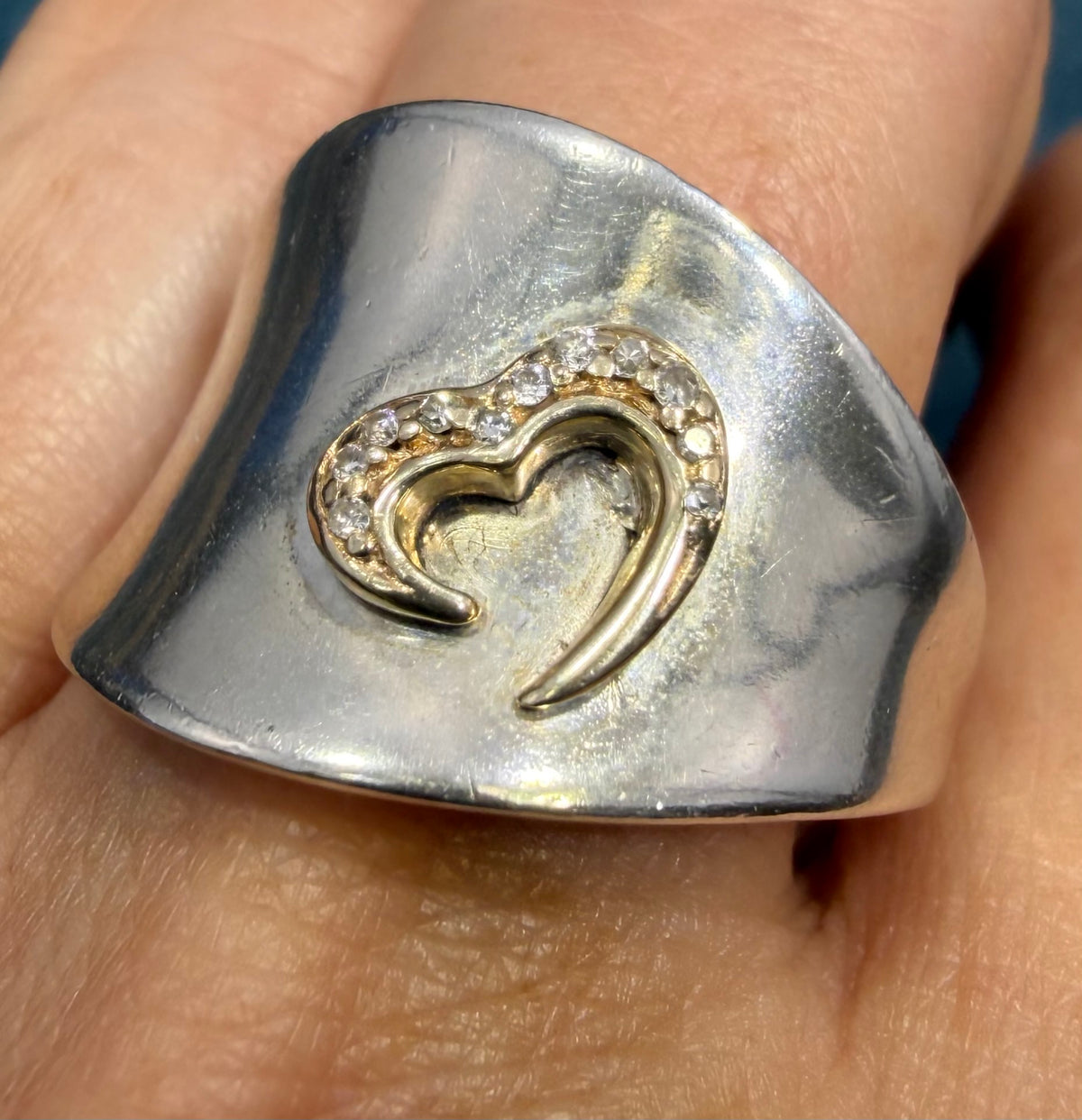 14k Yellow Gold + Diamond Heart on Wide 925 Silver Ring *Video*