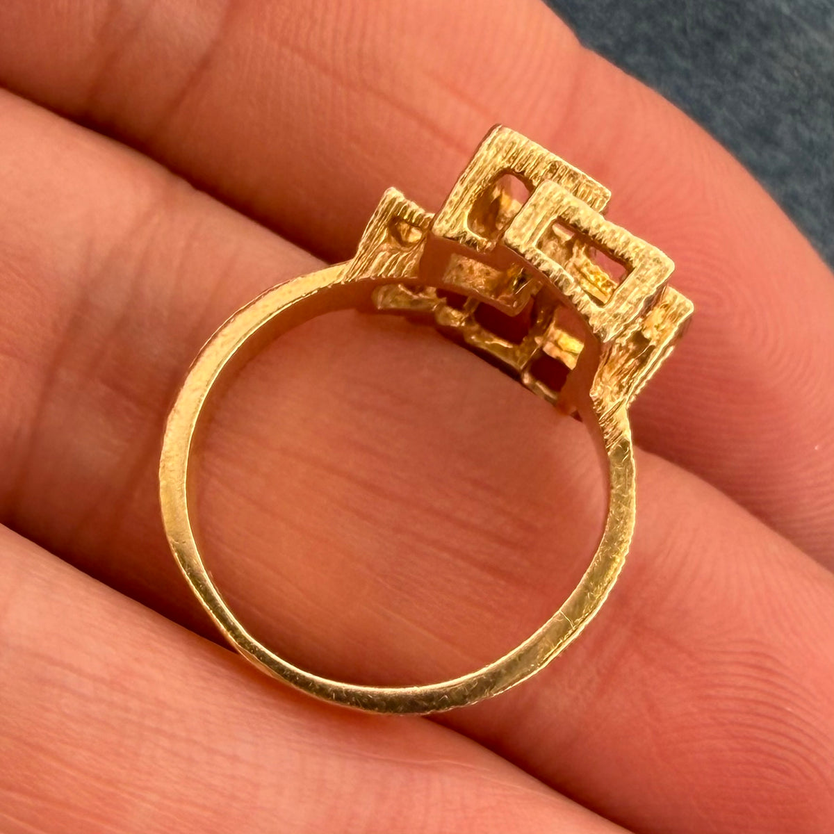14k Yellow Gold Geometric 3-D MCM Modernist Ring. 0.8" Wide