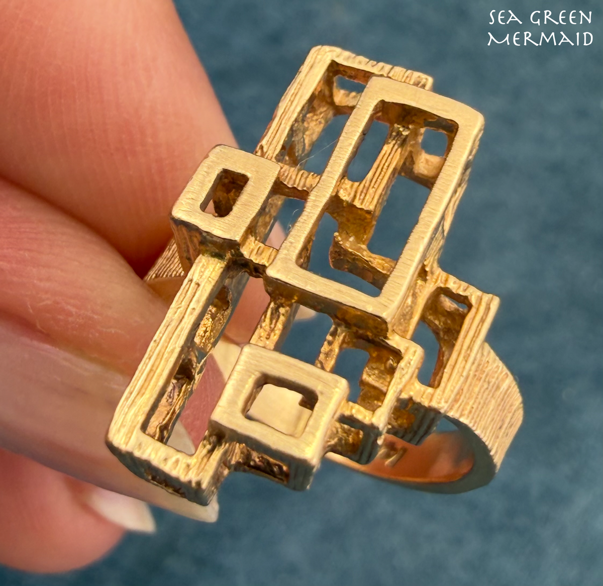 14k Yellow Gold Geometric 3-D MCM Modernist Ring. 0.8" Wide