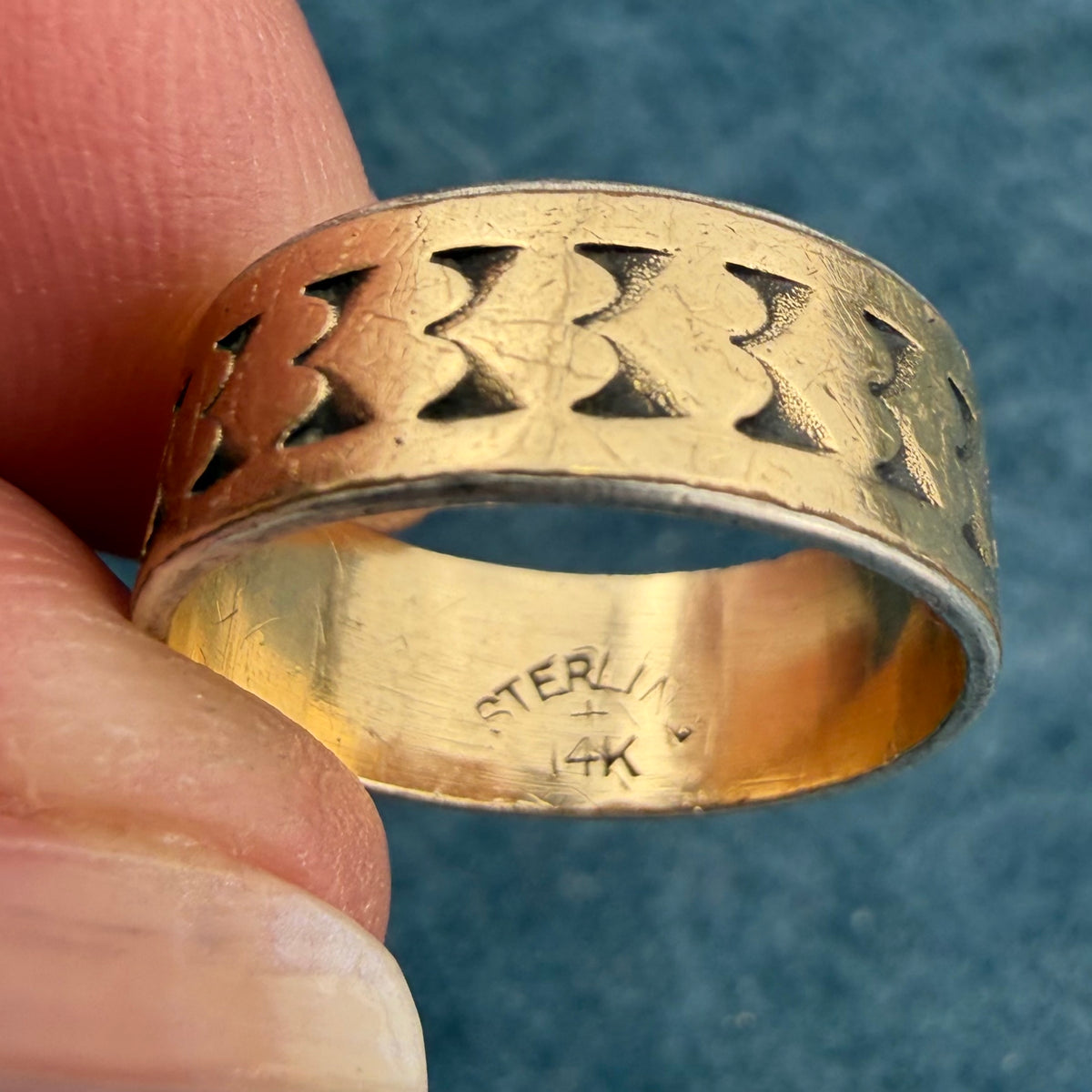 14k Yellow Gold & 925 Hearts Eternity Ring. Wide Eternity Band