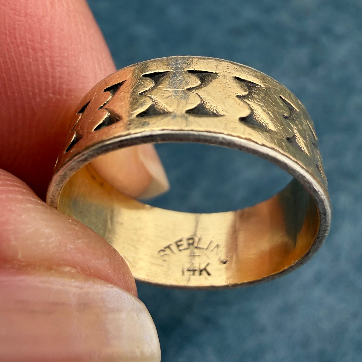 14k Yellow Gold & 925 Hearts Eternity Ring. Wide Eternity Band