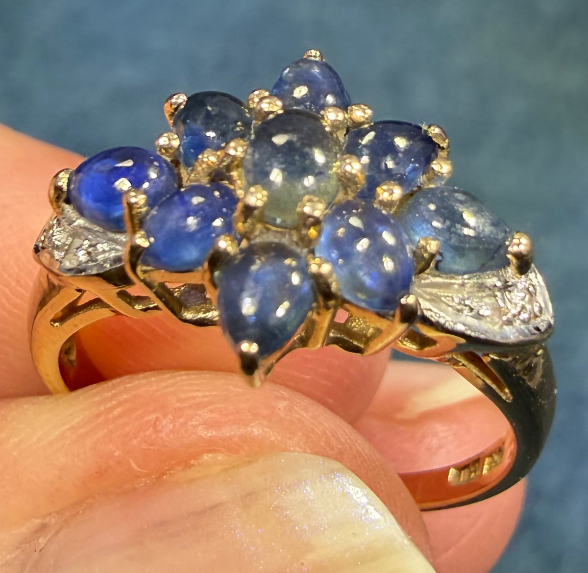 10k Yellow Gold Natural Blue Sapphire Cabochon Harem Ring w Diamonds