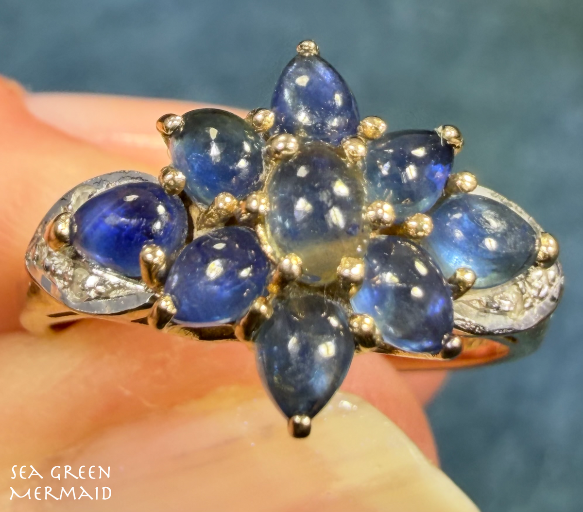 10k Yellow Gold Natural Blue Sapphire Cabochon Harem Ring w Diamonds