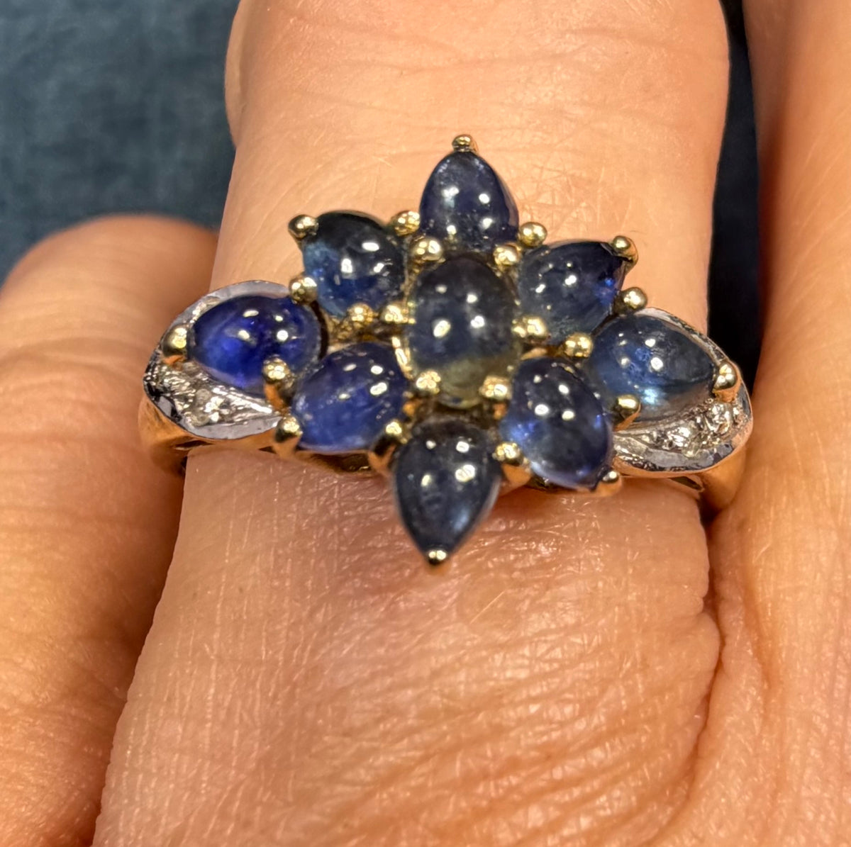 10k Yellow Gold Natural Blue Sapphire Cabochon Harem Ring w Diamonds