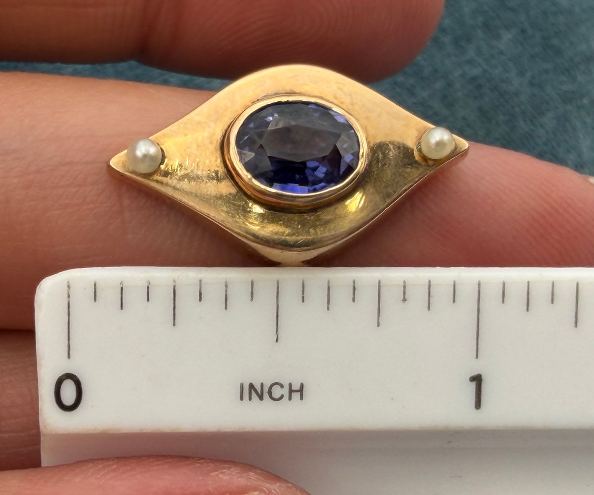 10k Yellow Gold Lab Purple Alexandrite Navette Ring w Pearls. Victorian 3/4"