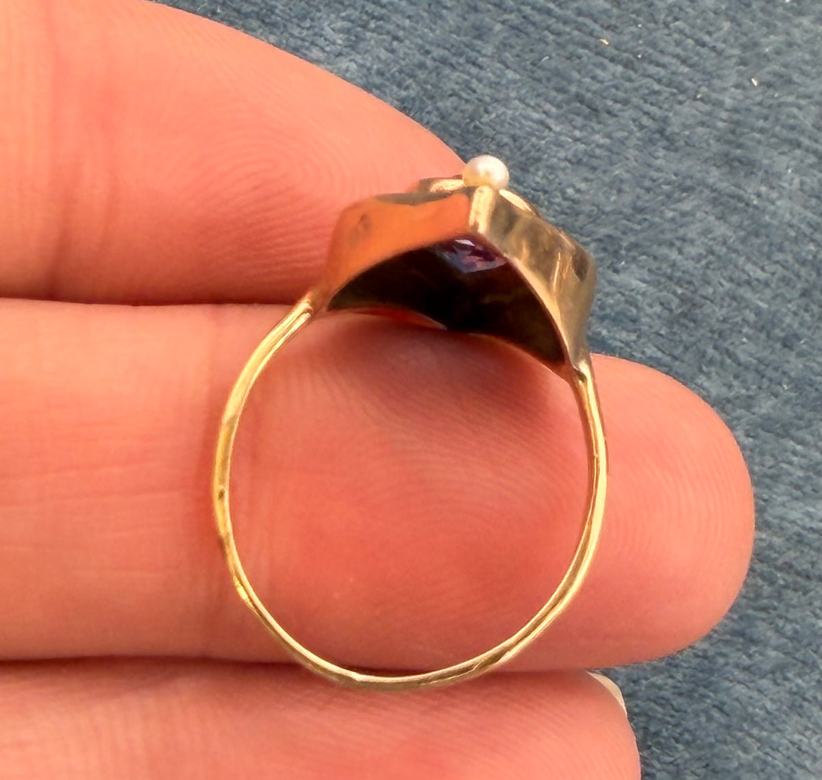 10k Yellow Gold Lab Purple Alexandrite Navette Ring w Pearls. Victorian 3/4"