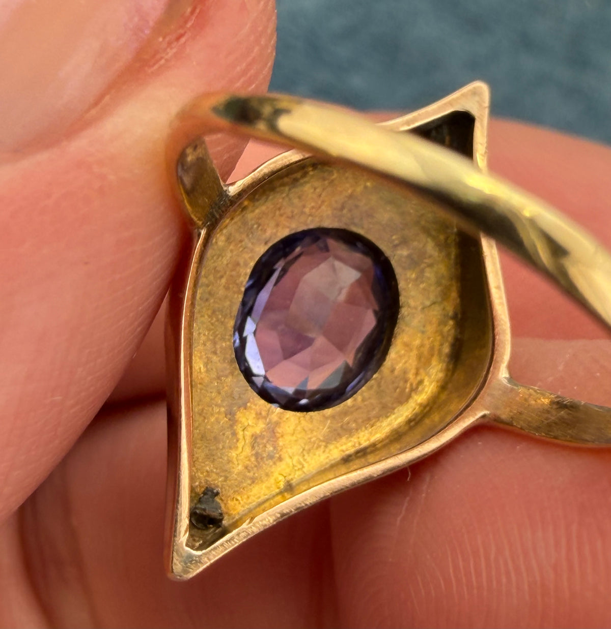 10k Yellow Gold Lab Purple Alexandrite Navette Ring w Pearls. Victorian 3/4"