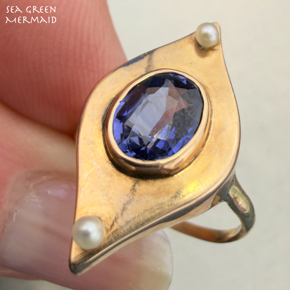 10k Yellow Gold Lab Purple Alexandrite Navette Ring w Pearls. Victorian 3/4"