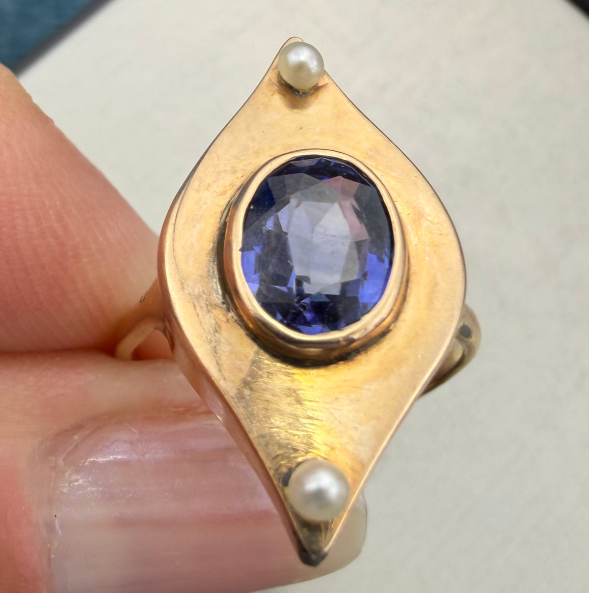 10k Yellow Gold Lab Purple Alexandrite Navette Ring w Pearls. Victorian 3/4"
