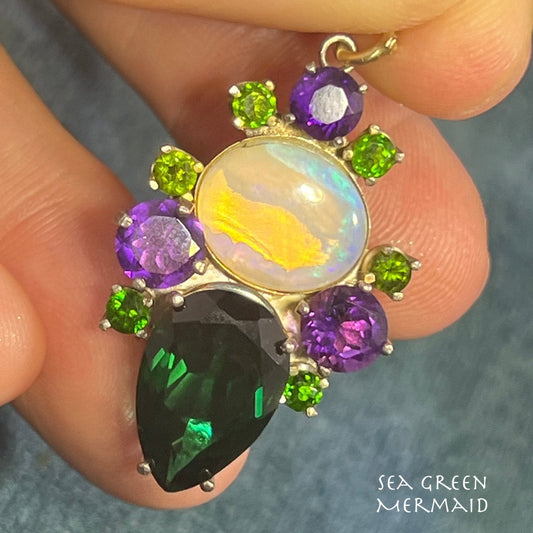 Jelly Opal, Amethyst + Chrome Diopside Silver Pendant. 1.5" + 6g *Video*