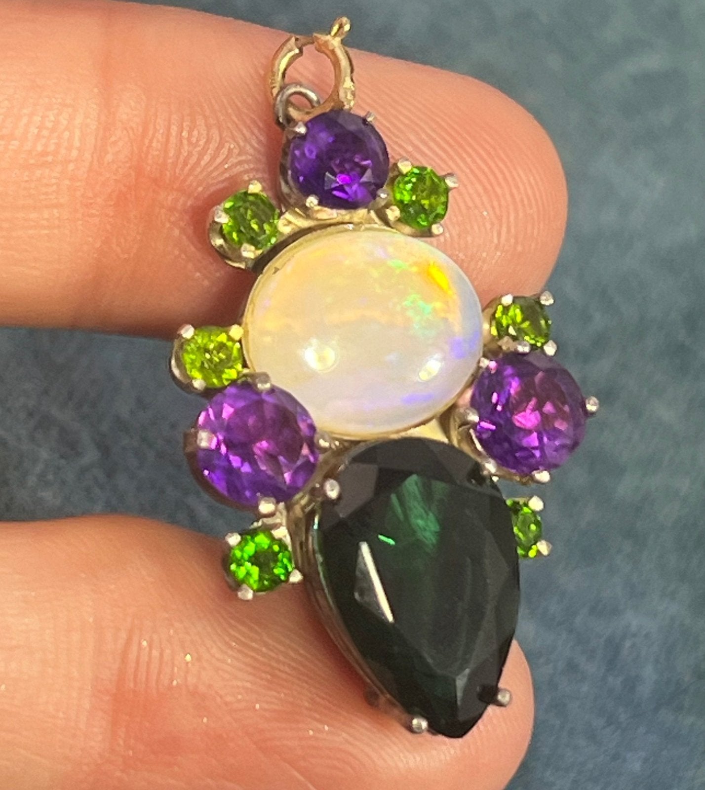 Jelly Opal, Amethyst + Chrome Diopside Silver Pendant. 1.5" + 6g *Video*