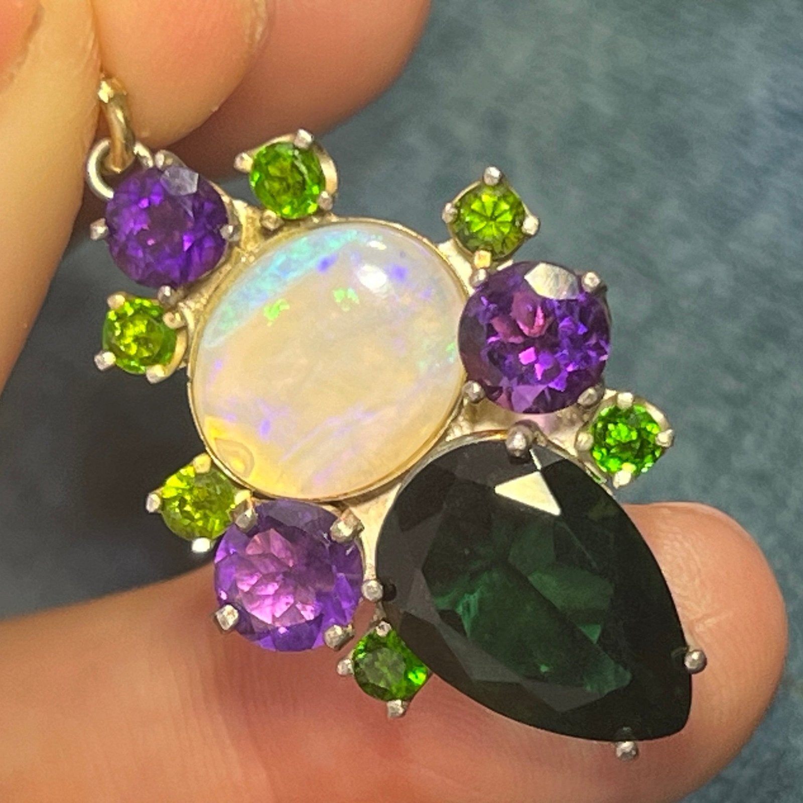 Jelly Opal, Amethyst + Chrome Diopside Silver Pendant. 1.5" + 6g *Video*