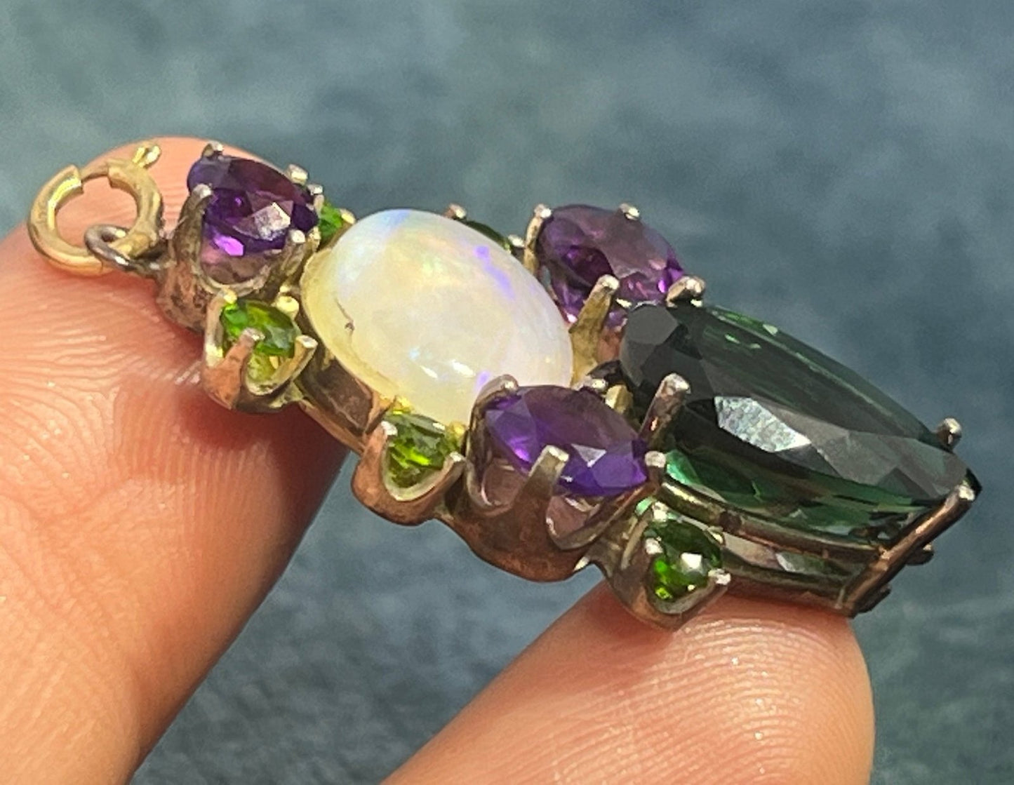 Jelly Opal, Amethyst + Chrome Diopside Silver Pendant. 1.5" + 6g *Video*