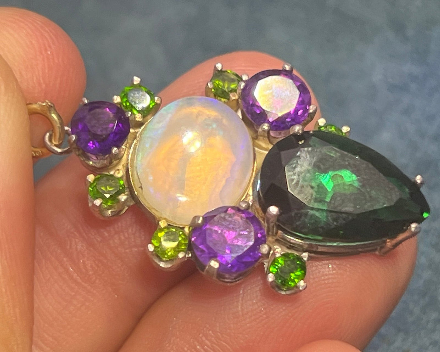 Jelly Opal, Amethyst + Chrome Diopside Silver Pendant. 1.5" + 6g *Video*