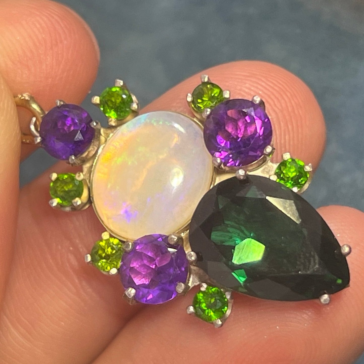 Jelly Opal, Amethyst + Chrome Diopside Silver Pendant. 1.5" + 6g *Video*