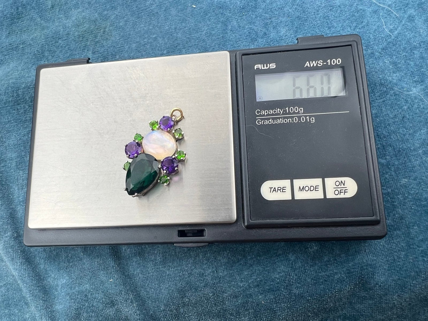 Jelly Opal, Amethyst + Chrome Diopside Silver Pendant. 1.5" + 6g *Video*