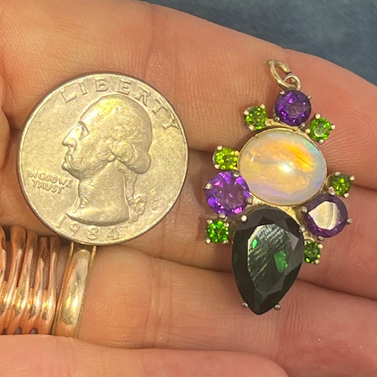 Jelly Opal, Amethyst + Chrome Diopside Silver Pendant. 1.5" + 6g *Video*