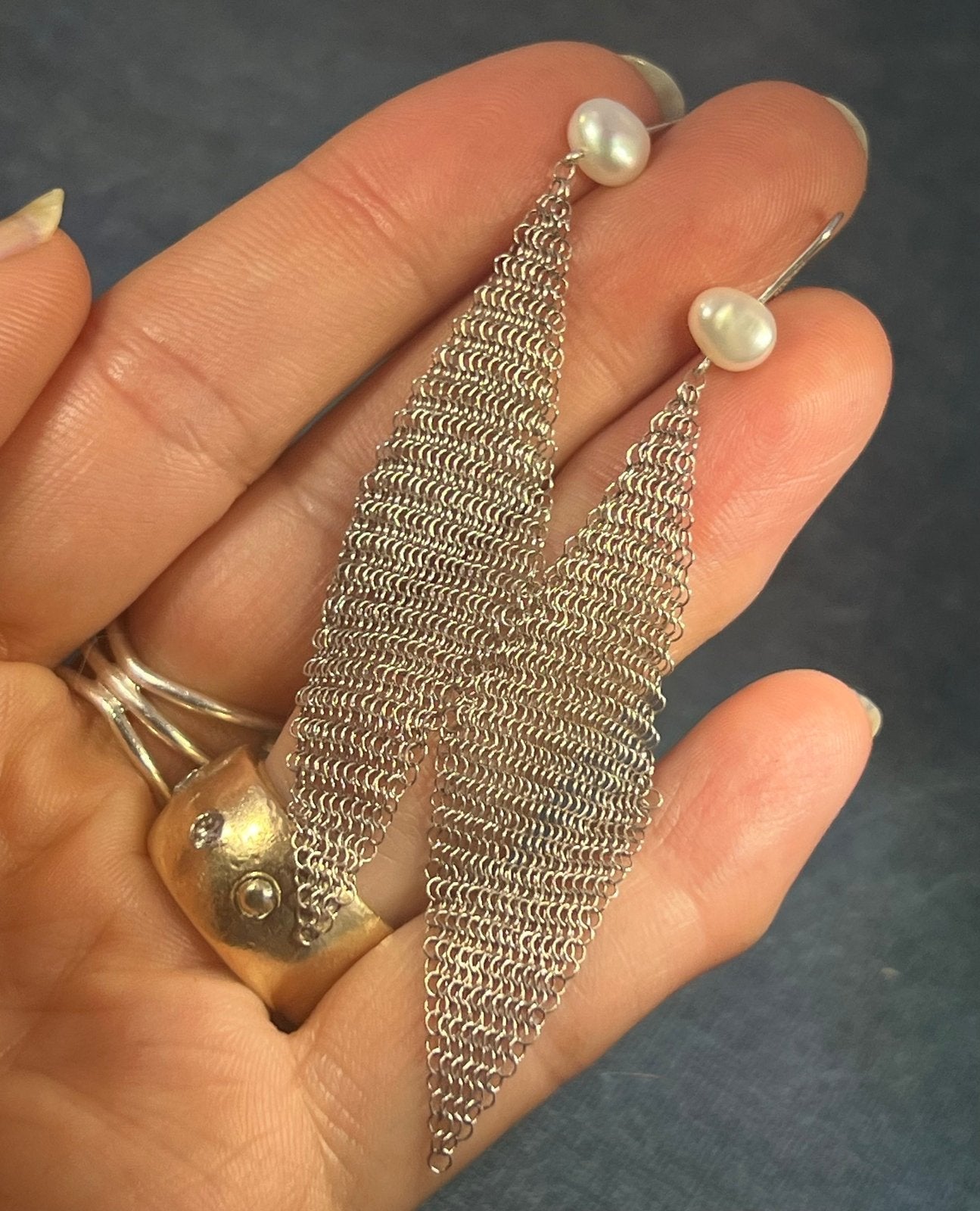 Mesh Scarf Earrings in 925 w Pearls. Stamped "T & Co."