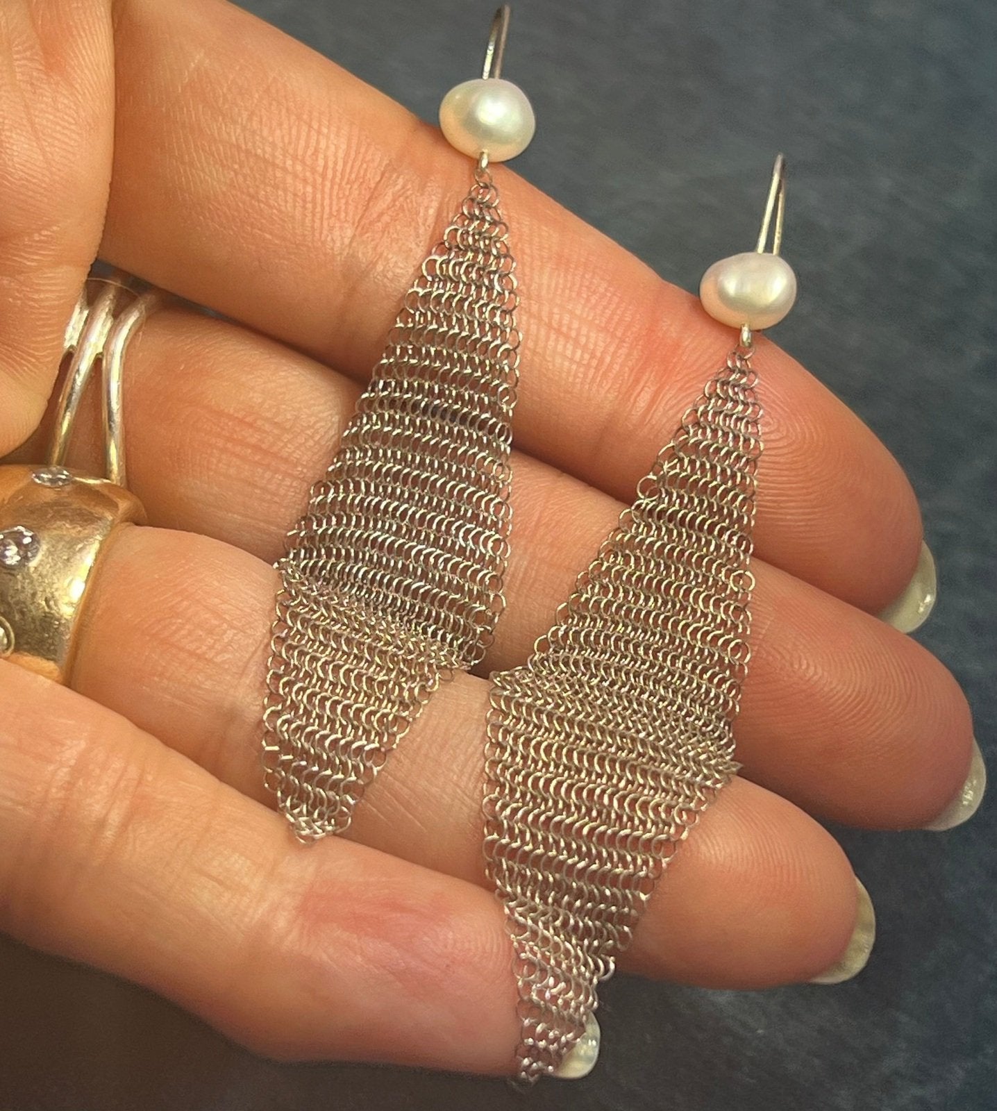 Mesh Scarf Earrings in 925 w Pearls. Stamped "T & Co."