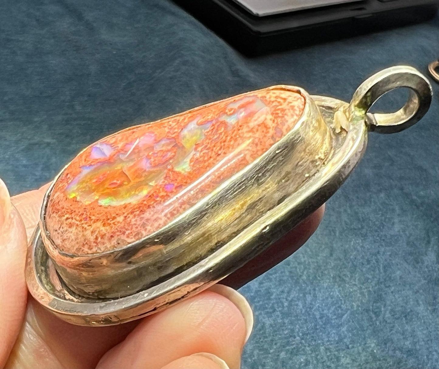 Mexican Boulder Fire Opal Pendant. Old Pawn. 2" & 37g *Video*