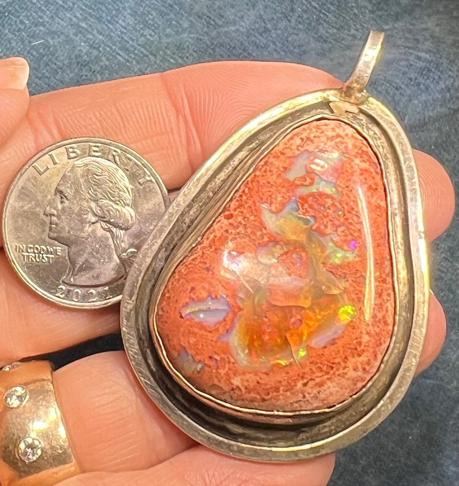 Mexican Boulder Fire Opal Pendant. Old Pawn. 2" & 37g *Video*