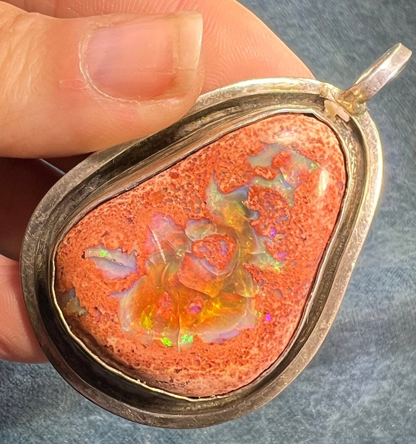 Mexican Boulder Fire Opal Pendant. Old Pawn. 2" & 37g *Video*