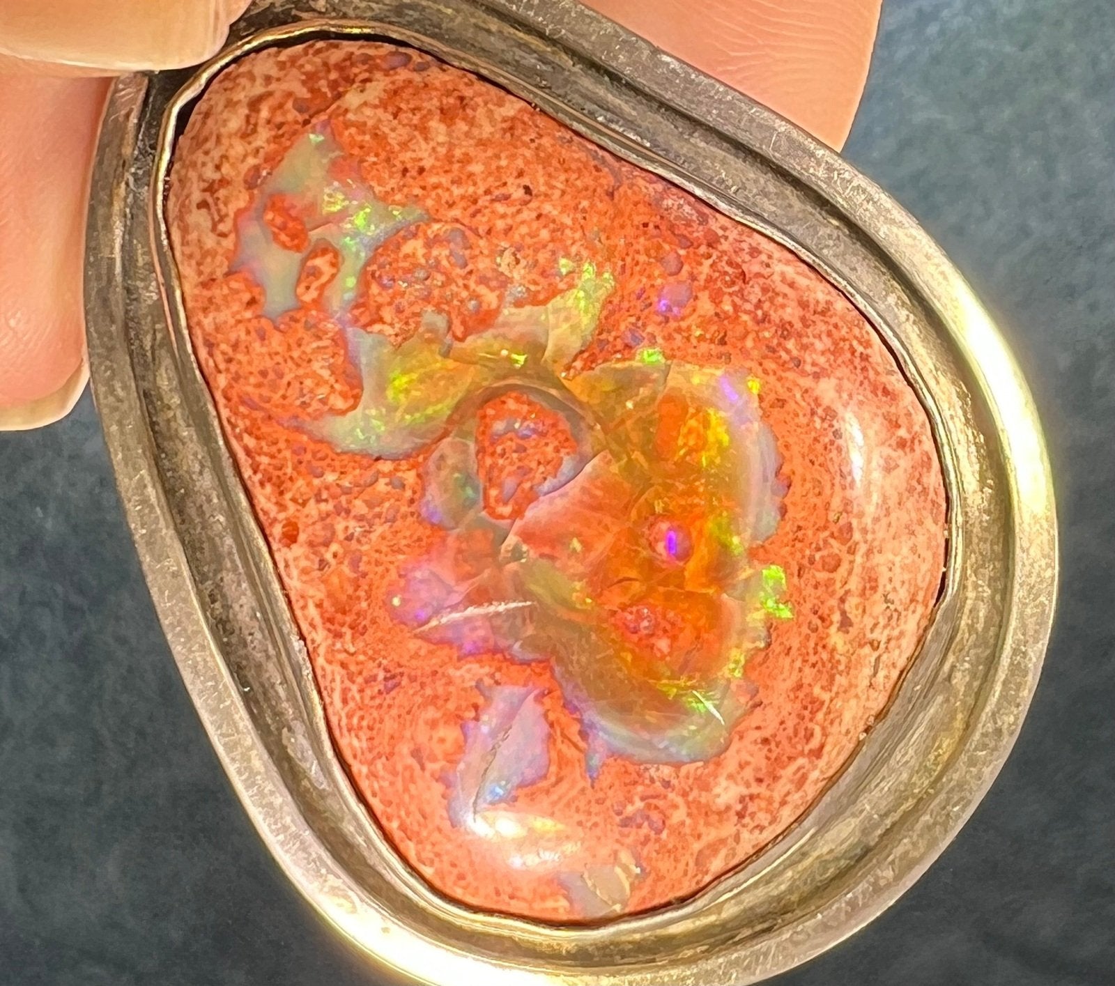 Mexican Boulder Fire Opal Pendant. Old Pawn. 2" & 37g *Video*